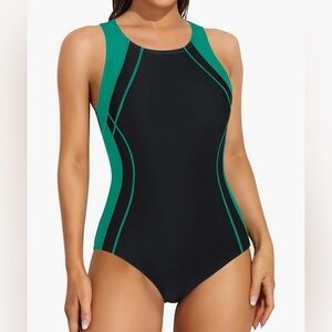 Elegant Teal and Black One-Piece Swimsuit